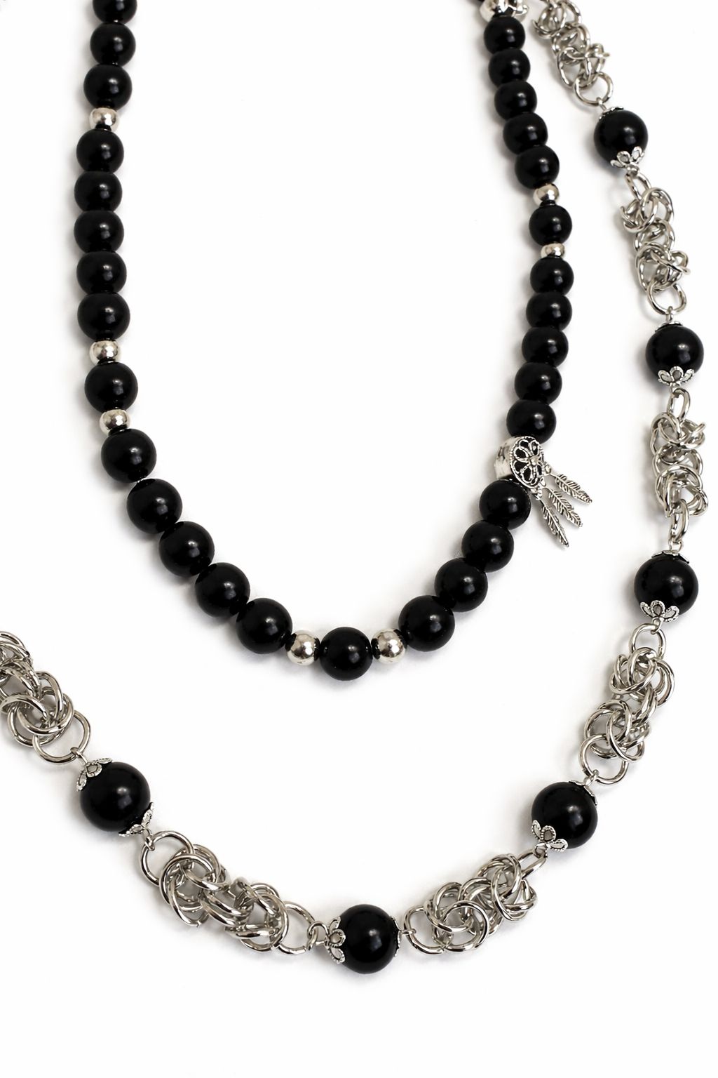 Black Beaded Double Layer Pant Chain - Silver Tone Waist Chain Accessory