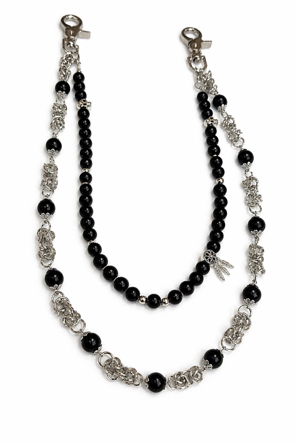 Black Beaded Double Layer Pant Chain - Silver Tone Waist Chain Accessory