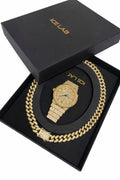 Luxury Gold Watch and Cuban link chain Set