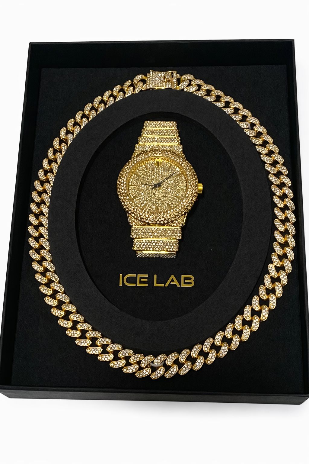 Luxury Gold Watch and Cuban link chain Set