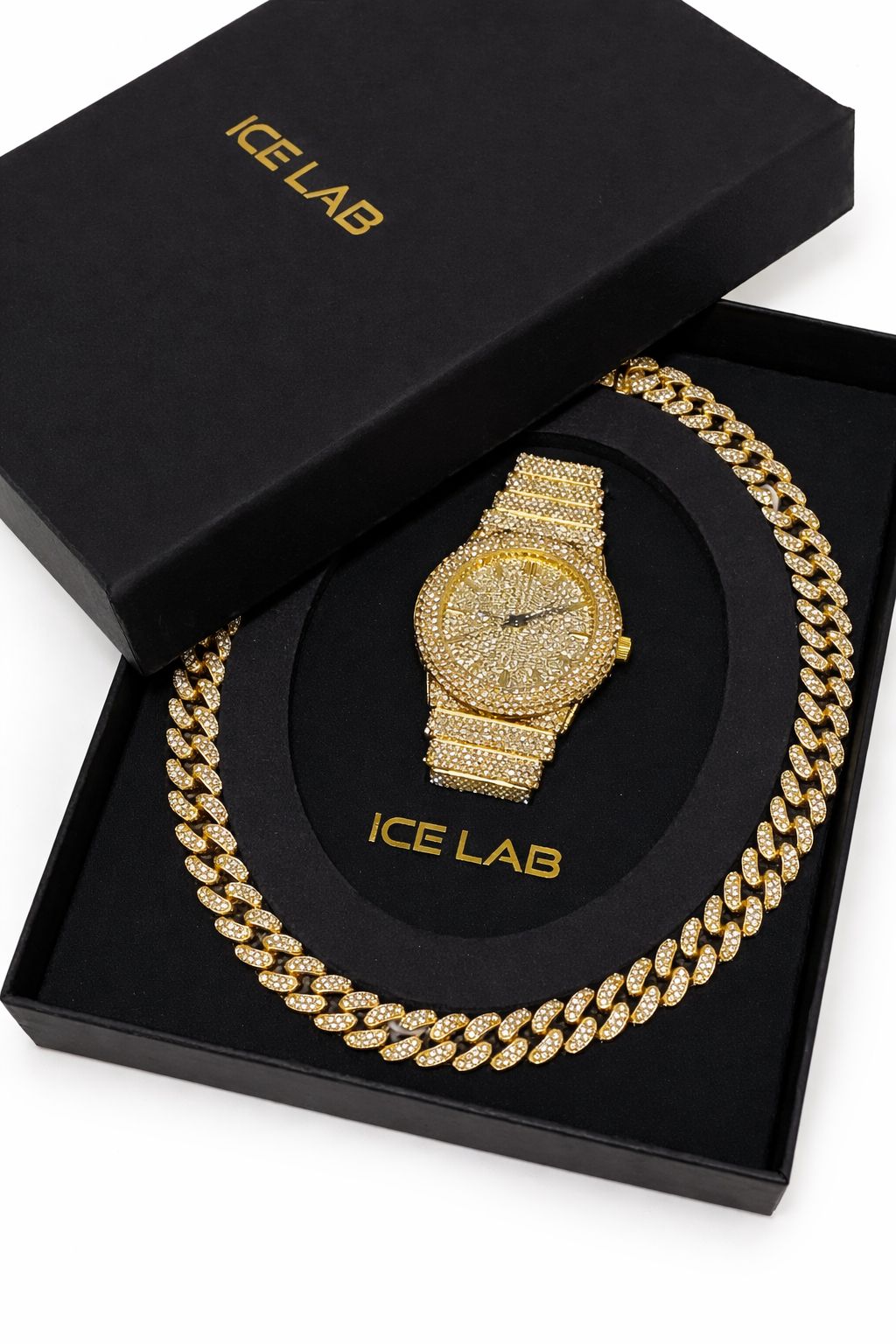 Luxury Gold Watch and Cuban link chain Set