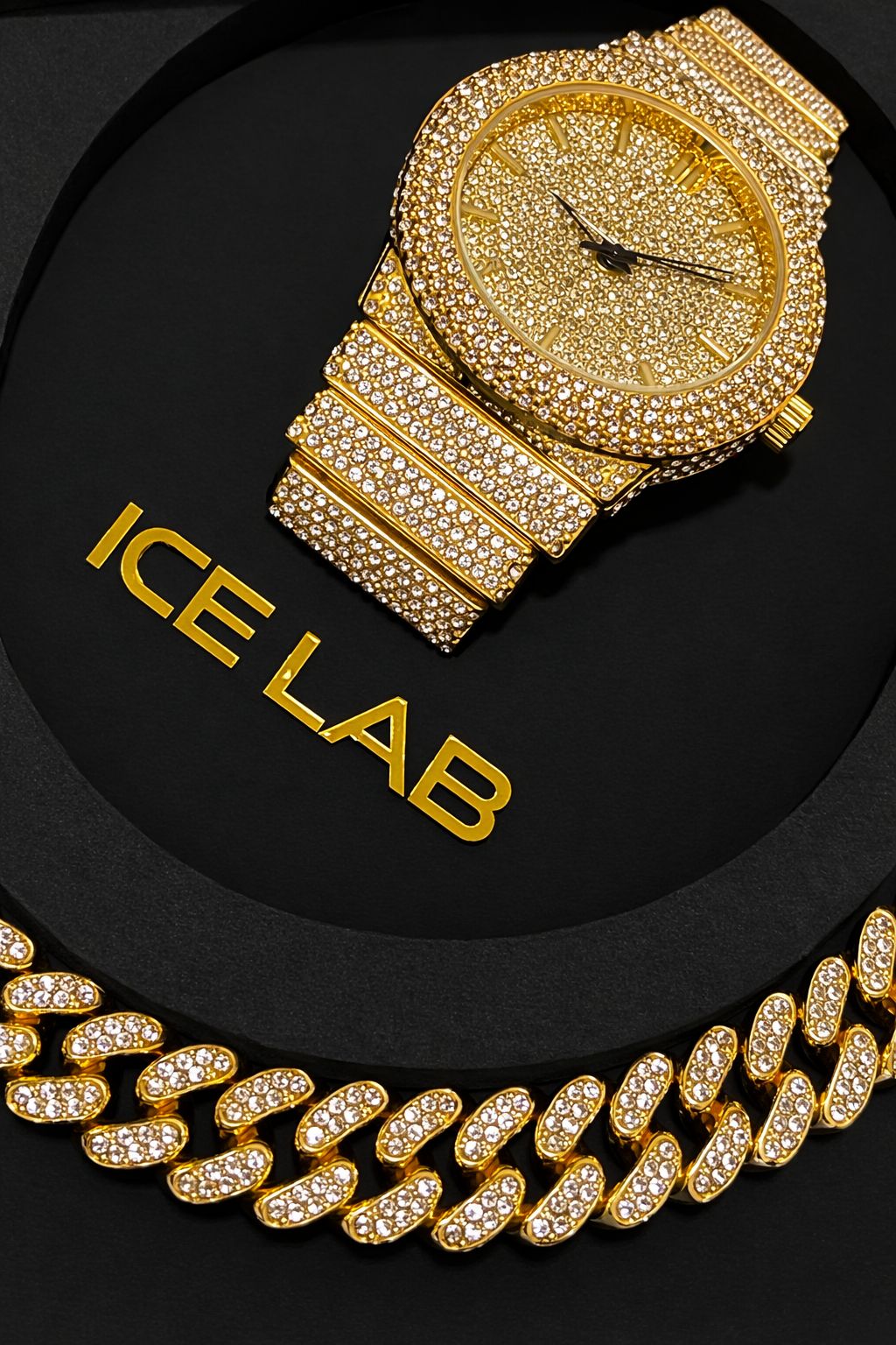 Luxury Gold Watch and Cuban link chain Set