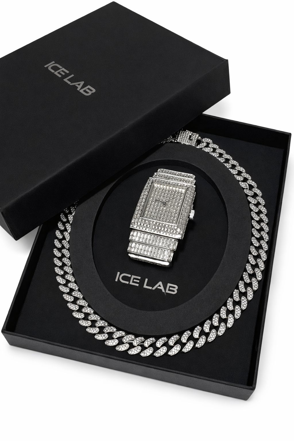 Silver Rhinestones Watch and Silver Cuban Link Chain Set