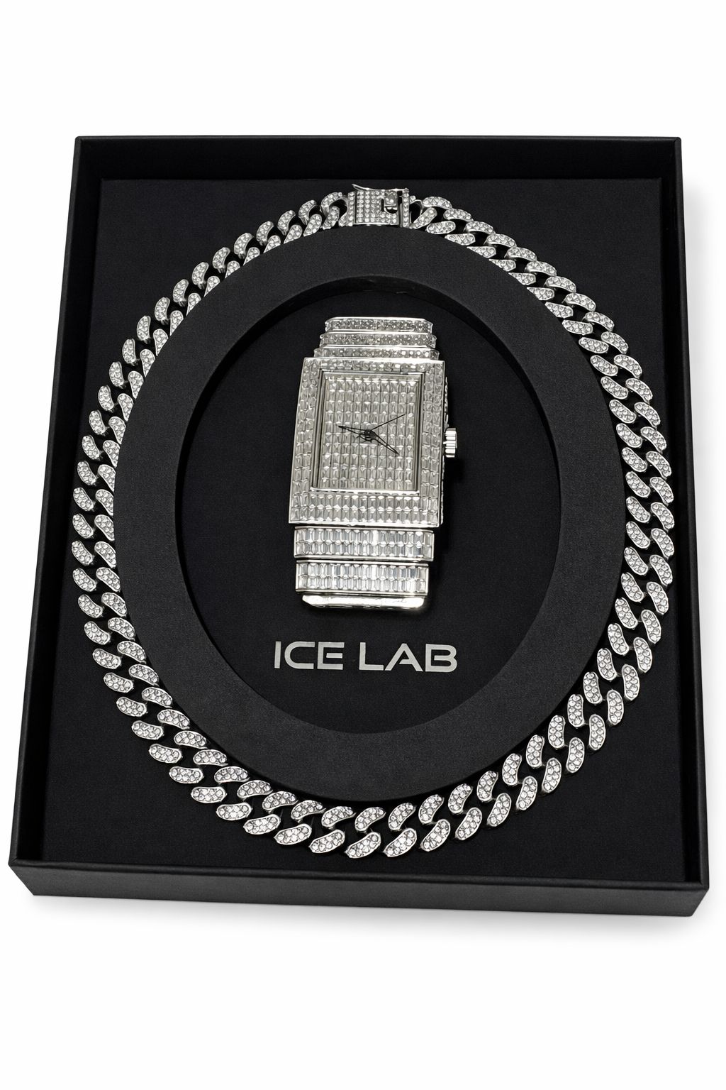 Silver Rhinestones Watch and Silver Cuban Link Chain Set