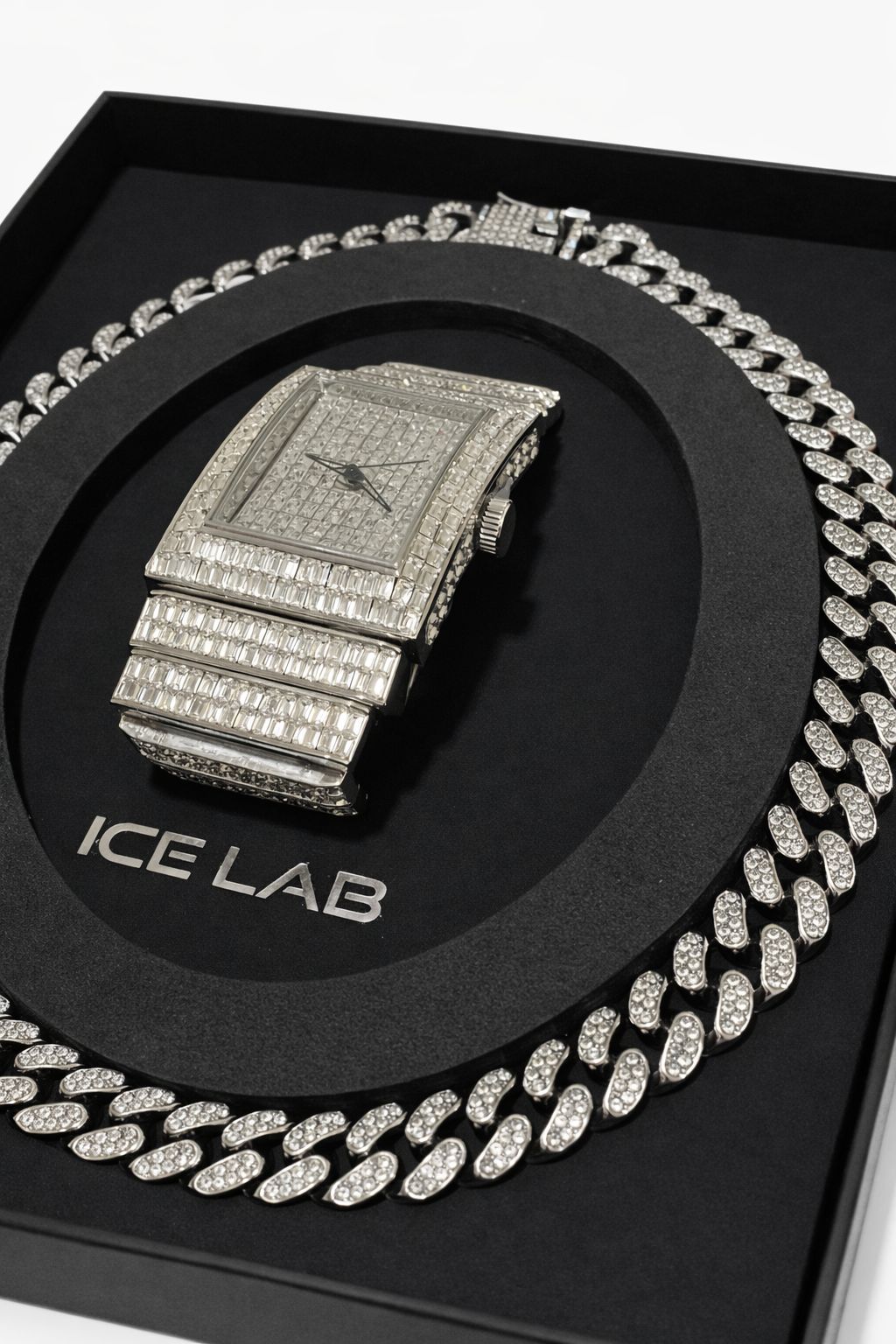Silver Rhinestones Watch and Silver Cuban Link Chain Set