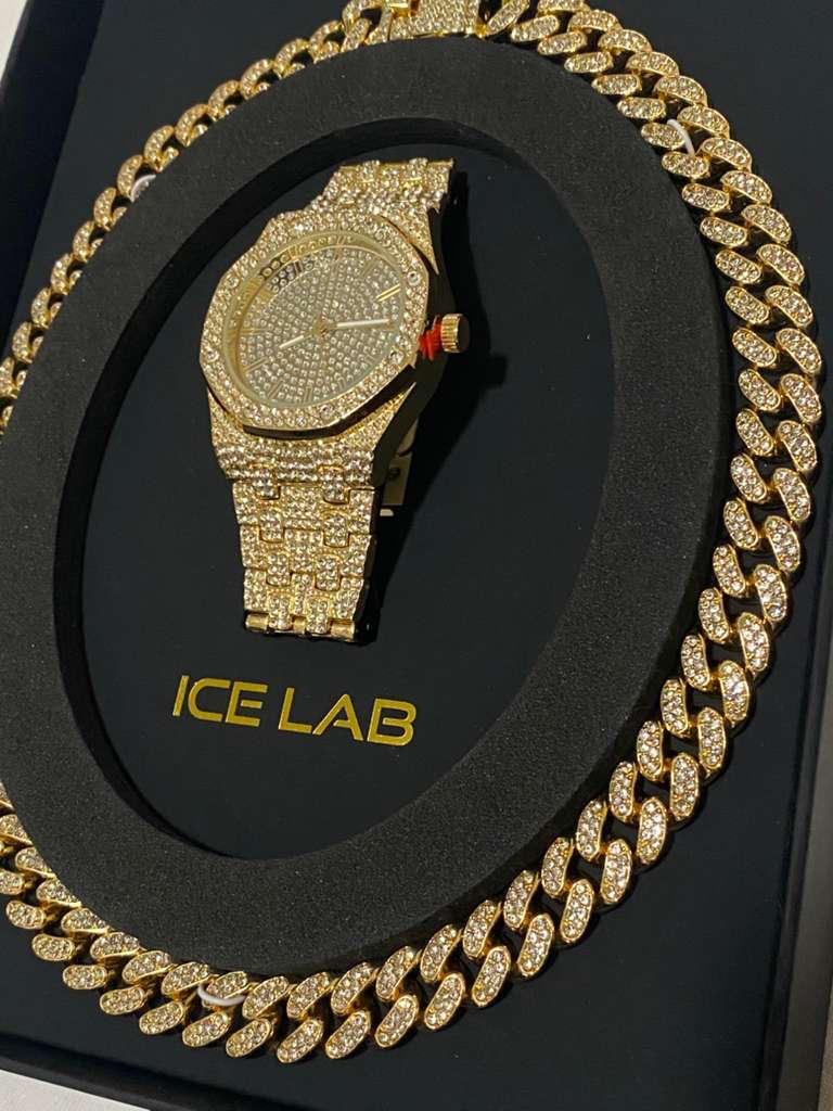Gold Tone Analog Watch & Cuban Link Chain Set