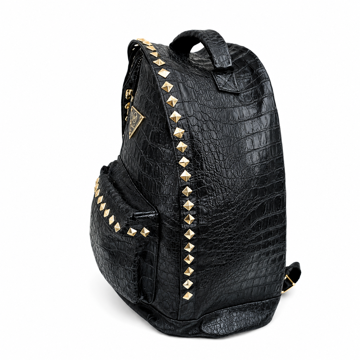 Crocodile Embossed Leather Studded Backpack- Black