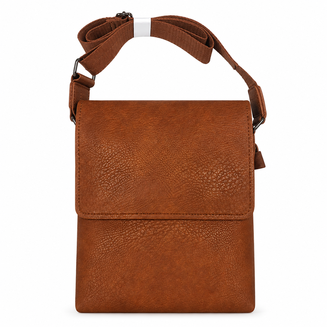 Brown leather crossbody bag on a white background