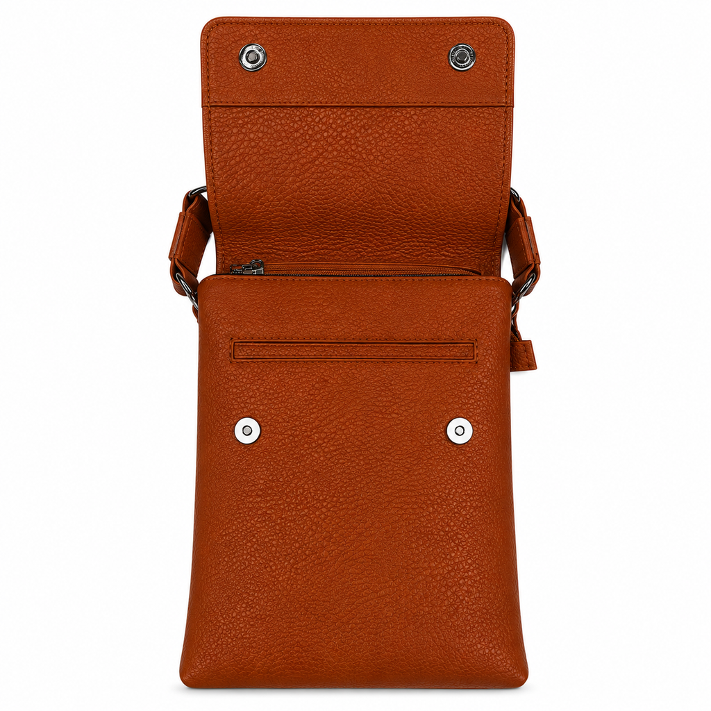 Brown leather crossbody bag on a white background