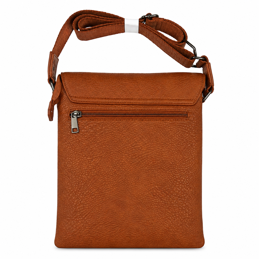 Brown leather crossbody bag with a strap on a white background