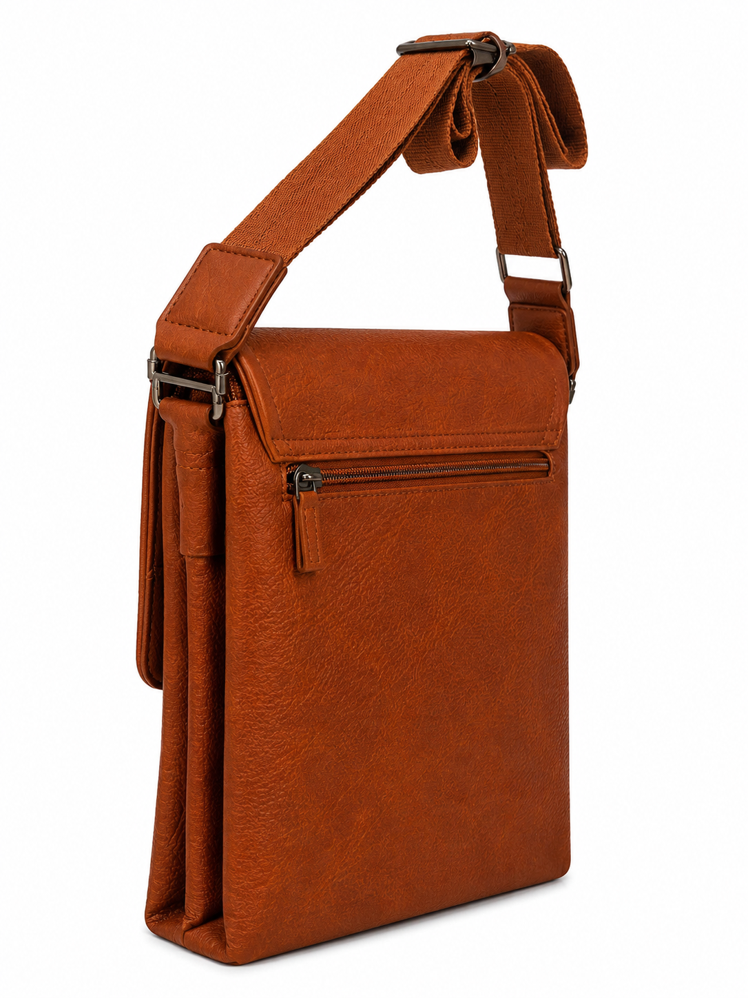 Brown leather crossbody bag on a white background