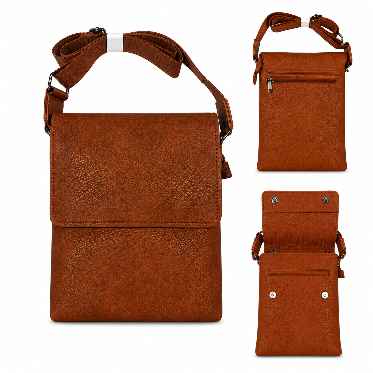 Brown leather crossbody bag with strap on a white background
