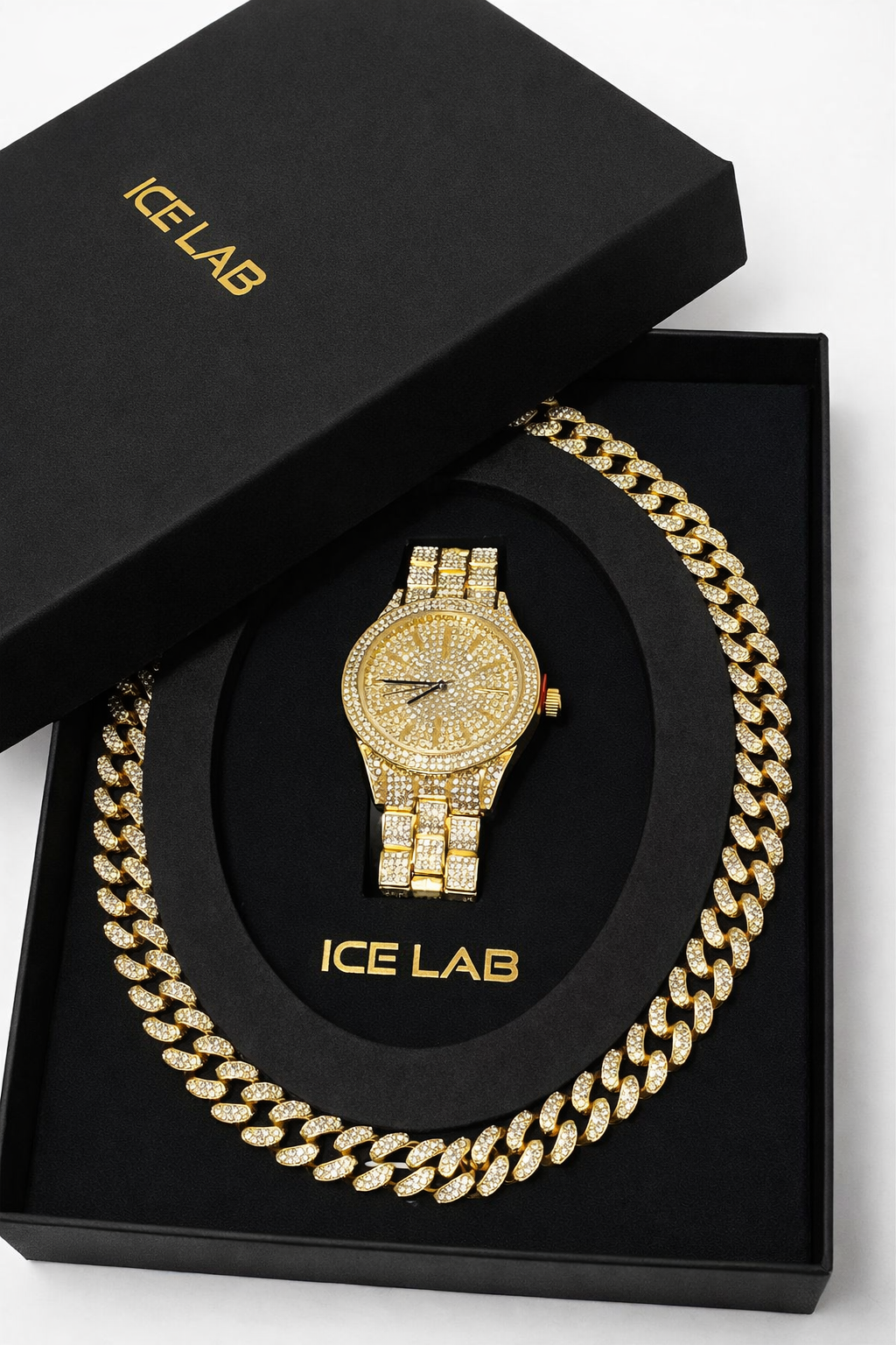 Luxury Gold Watch & Cuban Link Chain Set