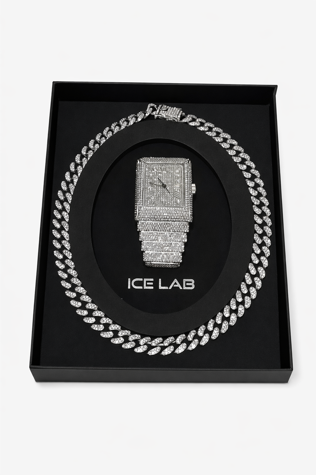 luxury silver Rectangular Watch & Cuban Link Chain Set