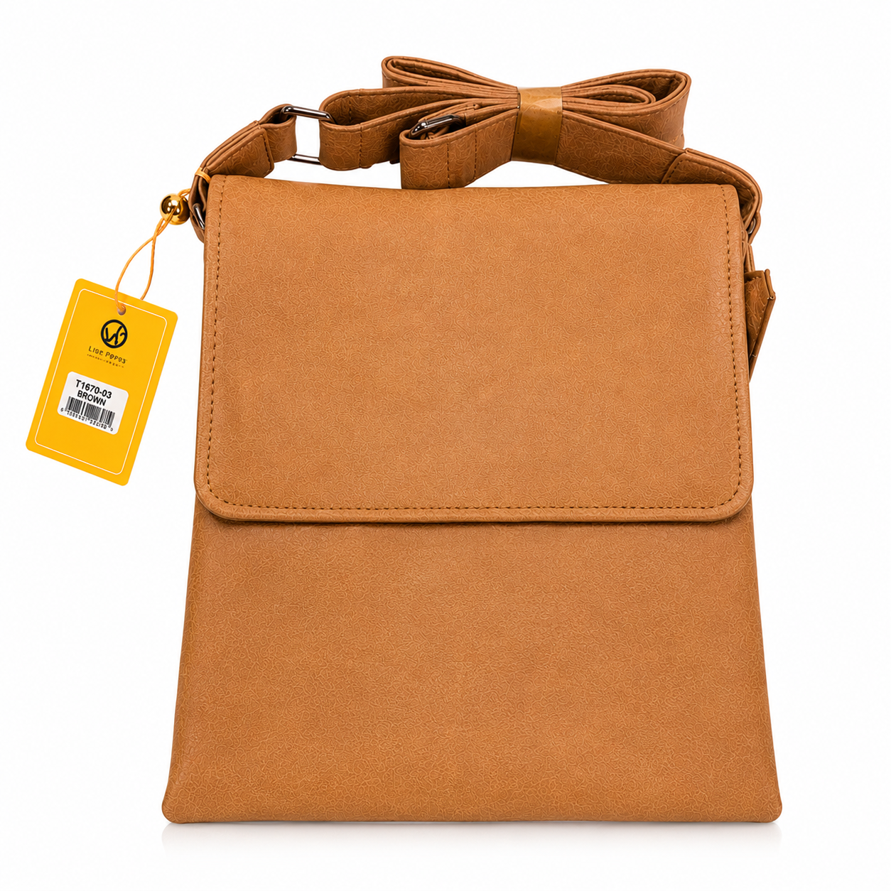 Brown handbag with a bow on a white background
