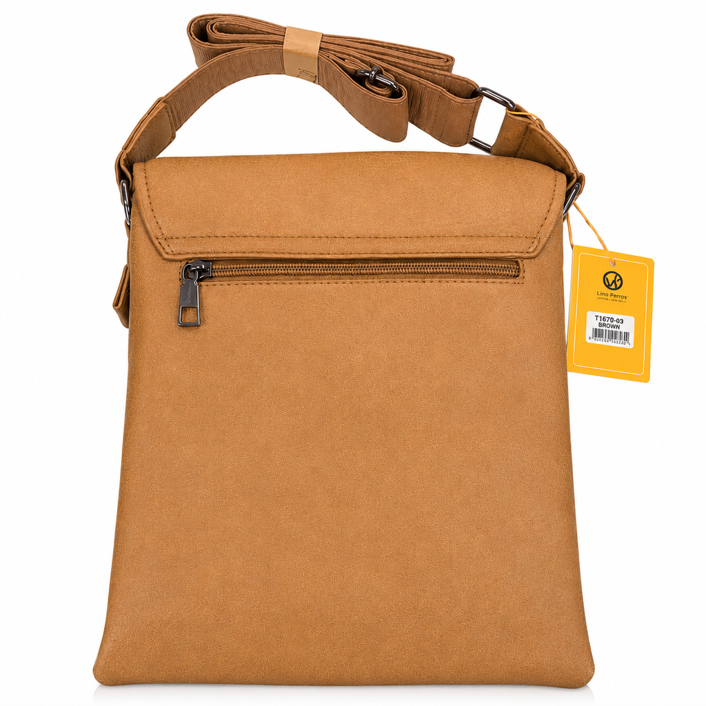 Brown leather crossbody bag with a visible brand tag on a white background