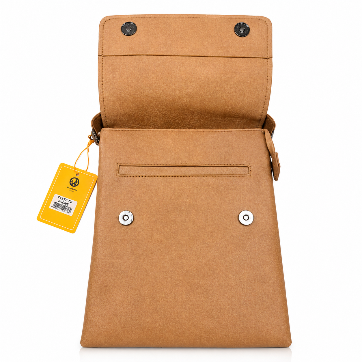 Brown leather bag with a yellow tag on a white background