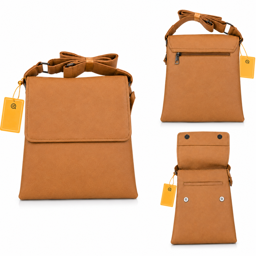 Brown leather bag with a bow detail on a white background