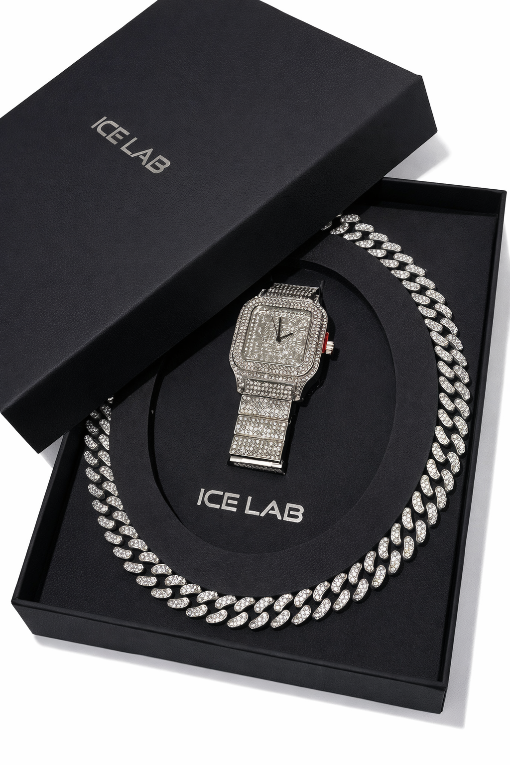 luxury silver Watch & Cuban Link Chain Set