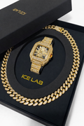 Luxury Gold tone Watch & Cuban Link Chain Set with Skeleton Dial