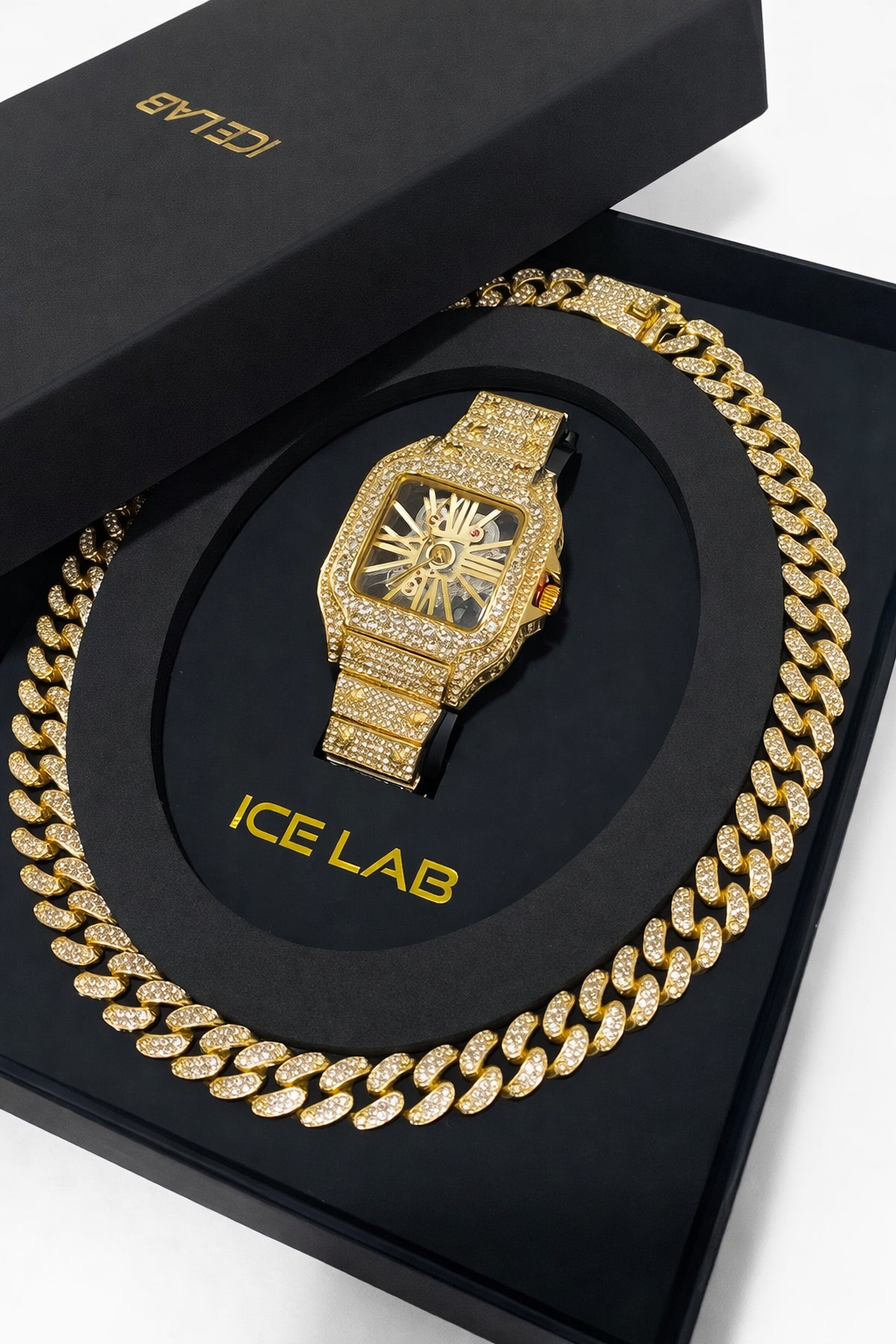 Luxury Gold tone Watch & Cuban Link Chain Set with Skeleton Dial