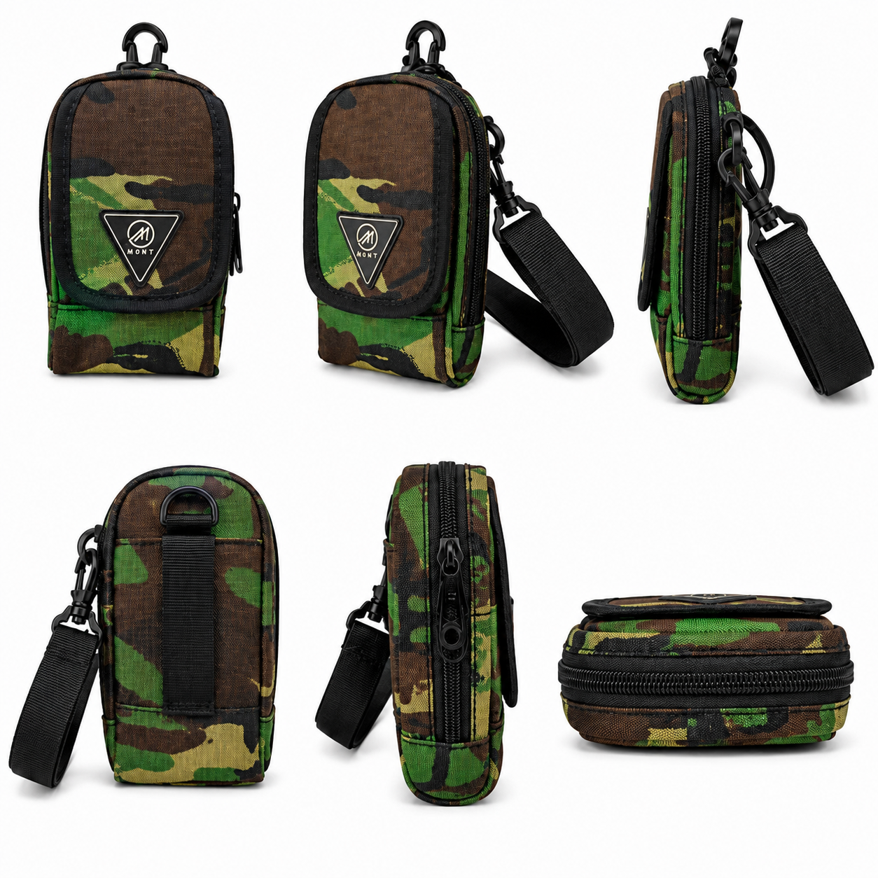 Camouflage pouch with black strap and logo on a white background