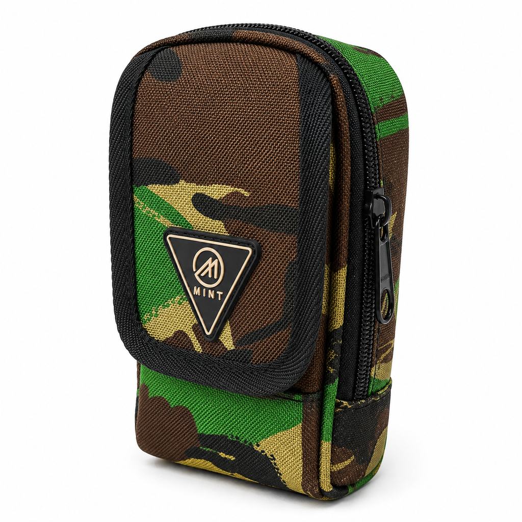 Camouflage-patterned pouch with a visible brand logo on a white background