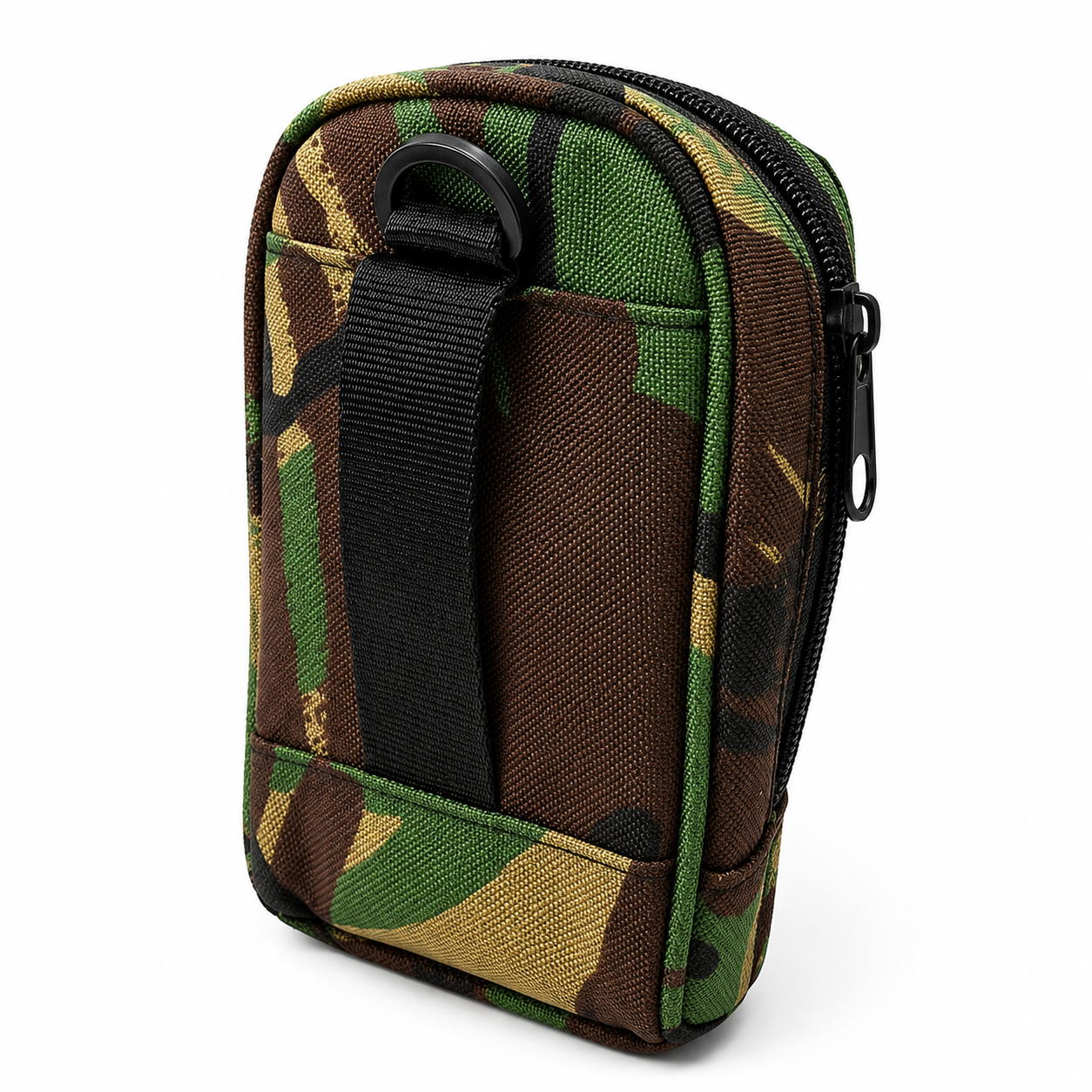 Camouflage-patterned pouch with a black strap on a white background