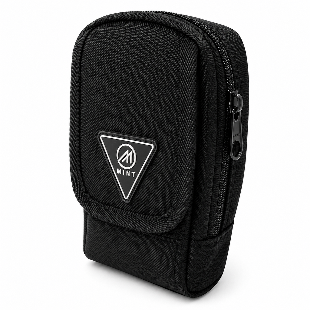 Black pouch with a triangle logo on a white background