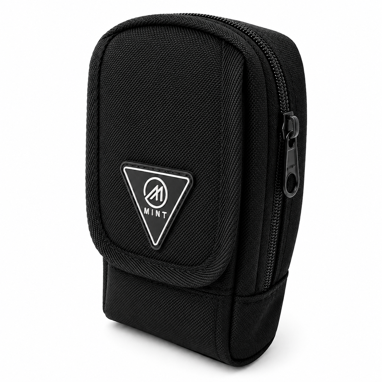 Black pouch with a triangle logo on a white background