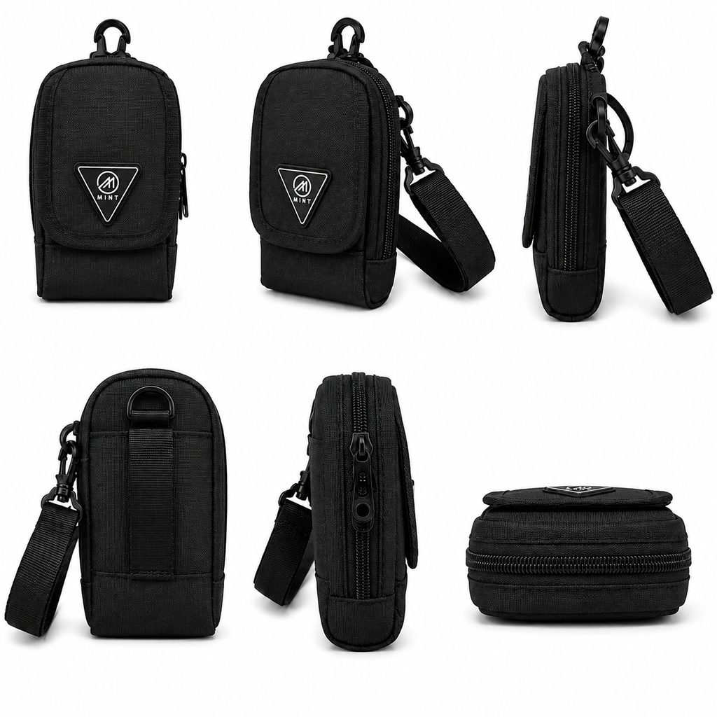 Black tactical pouches shown from multiple angles on a white background