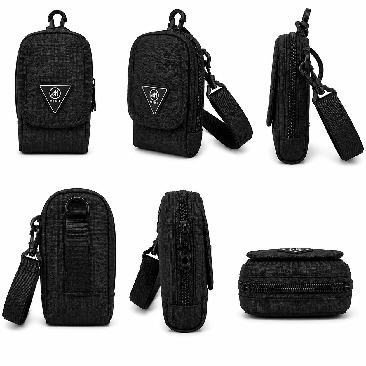 Black tactical pouches shown from multiple angles on a white background
