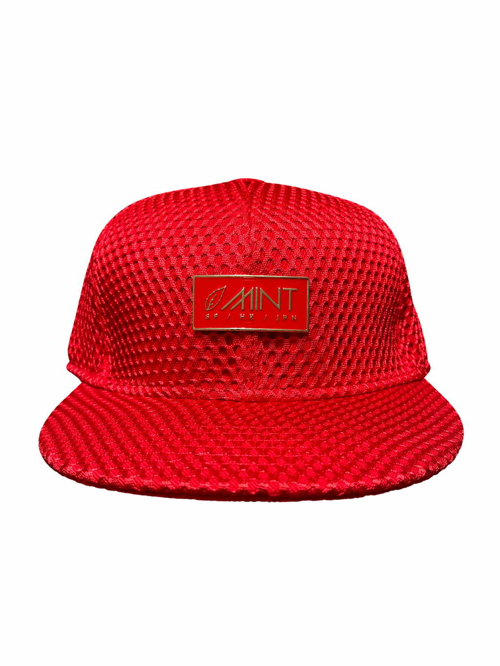 Red Mesh 6 Panel Snapback Cap Flat Brim Adjustable Hat