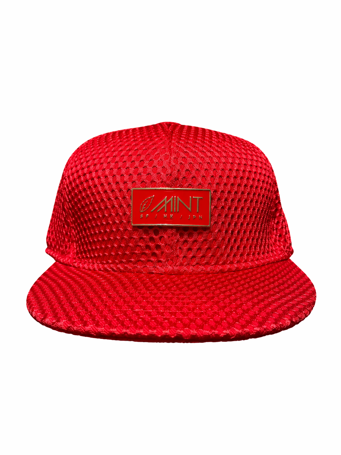Red Mesh 6 Panel Snapback Cap Flat Brim Adjustable Hat