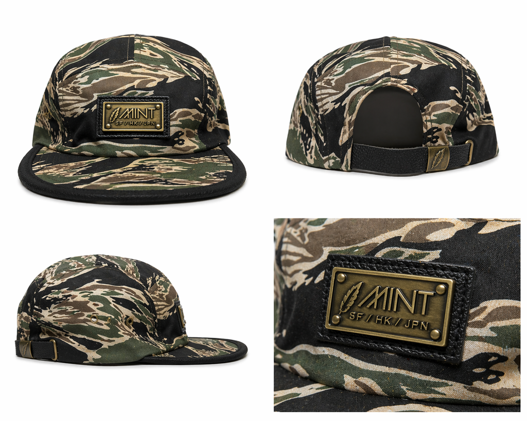Tiger Camo 5 Panel Strapback Hat Tan Black Streetwear Cap