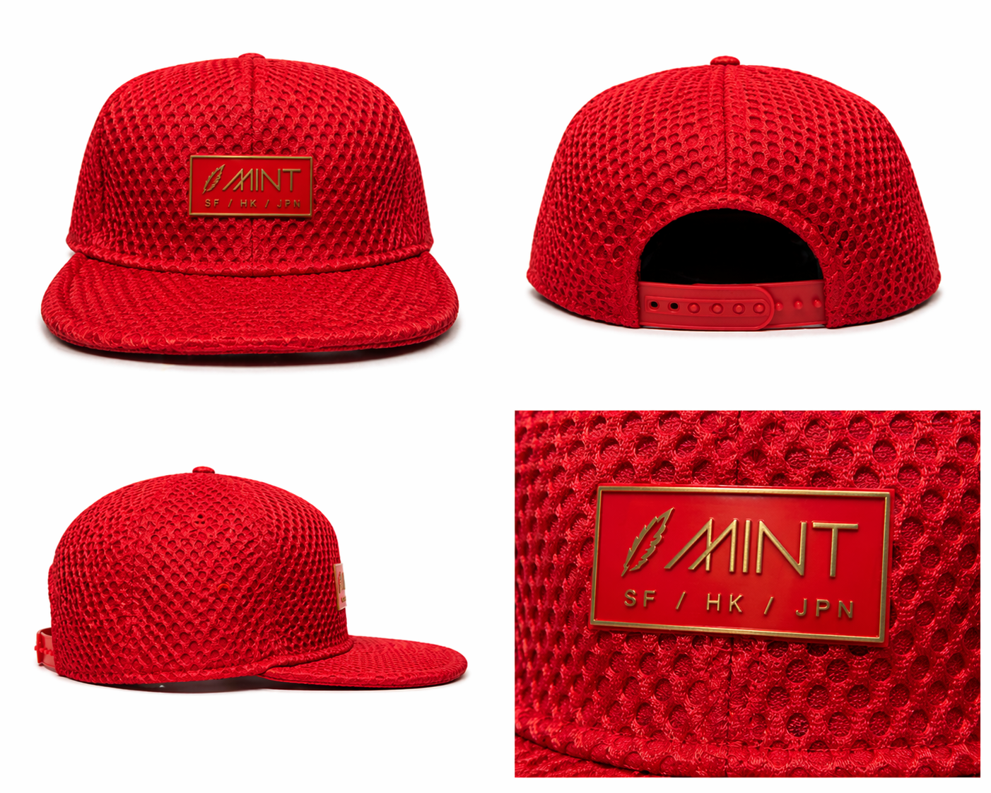 Red Mesh 6 Panel Snapback Cap Flat Brim Adjustable Hat