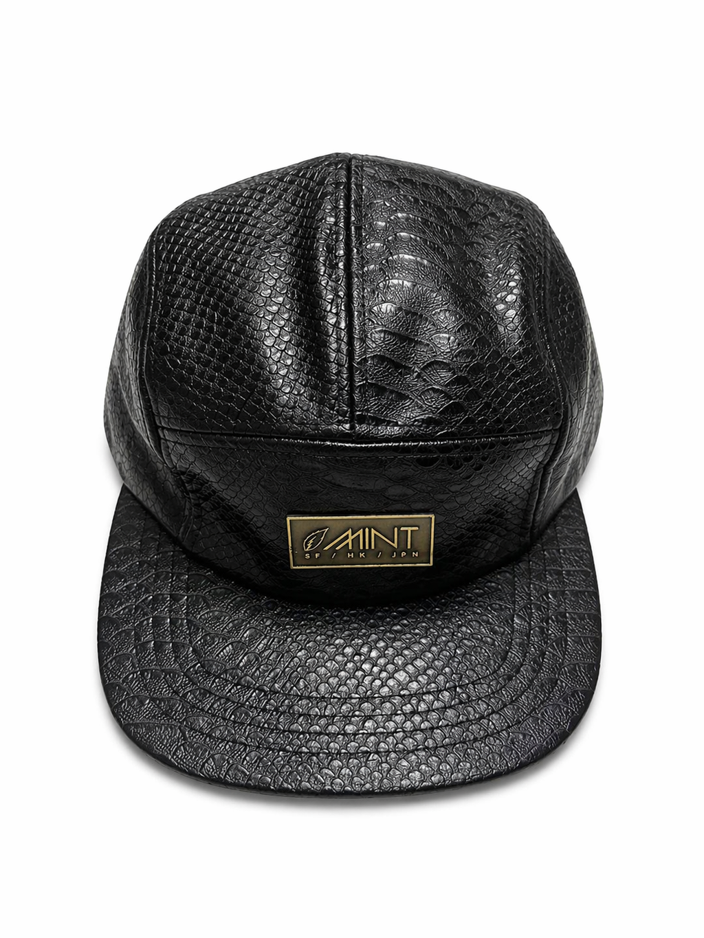 Black Snakeskin Leather 5 Panel Strapback Cap Gold Logo
