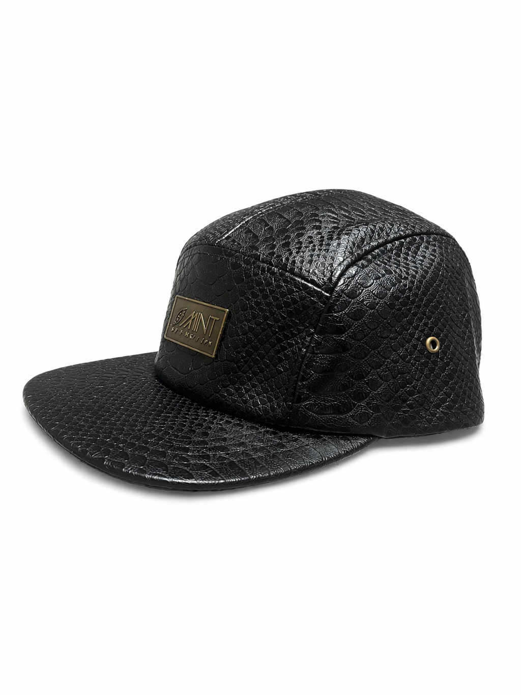Black Snakeskin Leather 5 Panel Strapback Cap Gold Logo