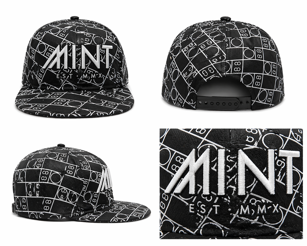 Snapback Hat Black White Geometric Flat Brim Adjustable Cap