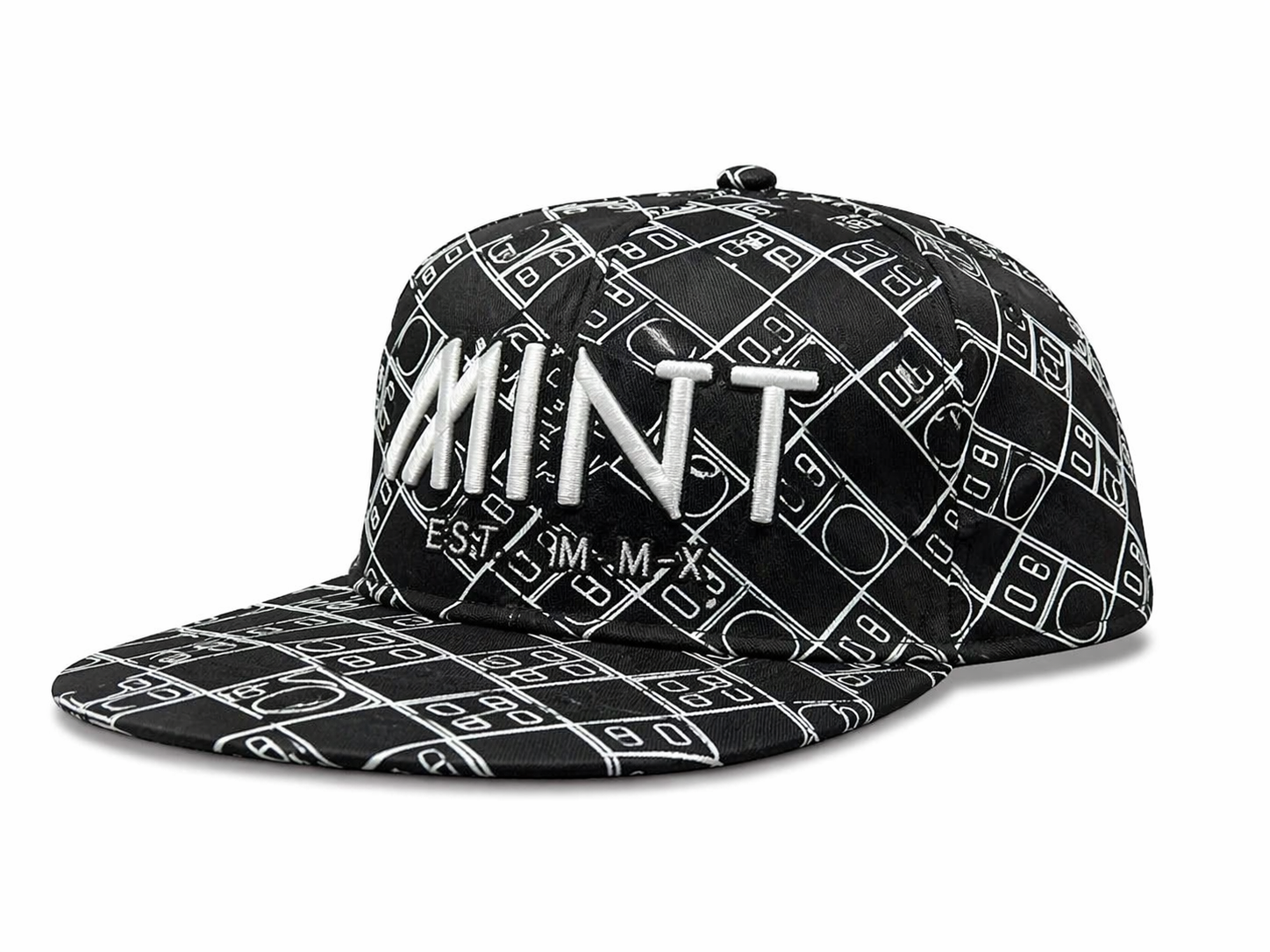 Snapback Hat Black White Geometric Flat Brim Adjustable Cap