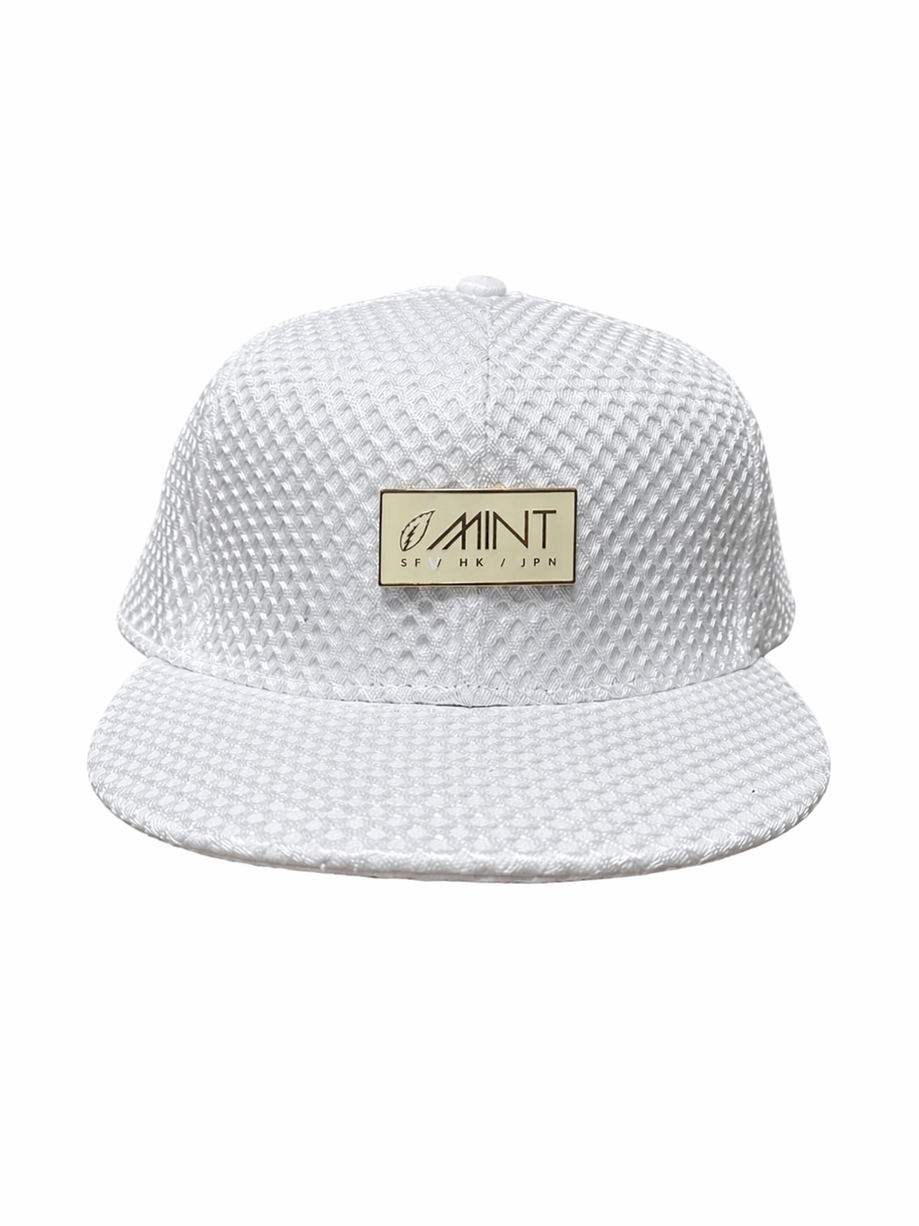 White 6 Panel Snapback Cap Textured Mesh Flat Brim