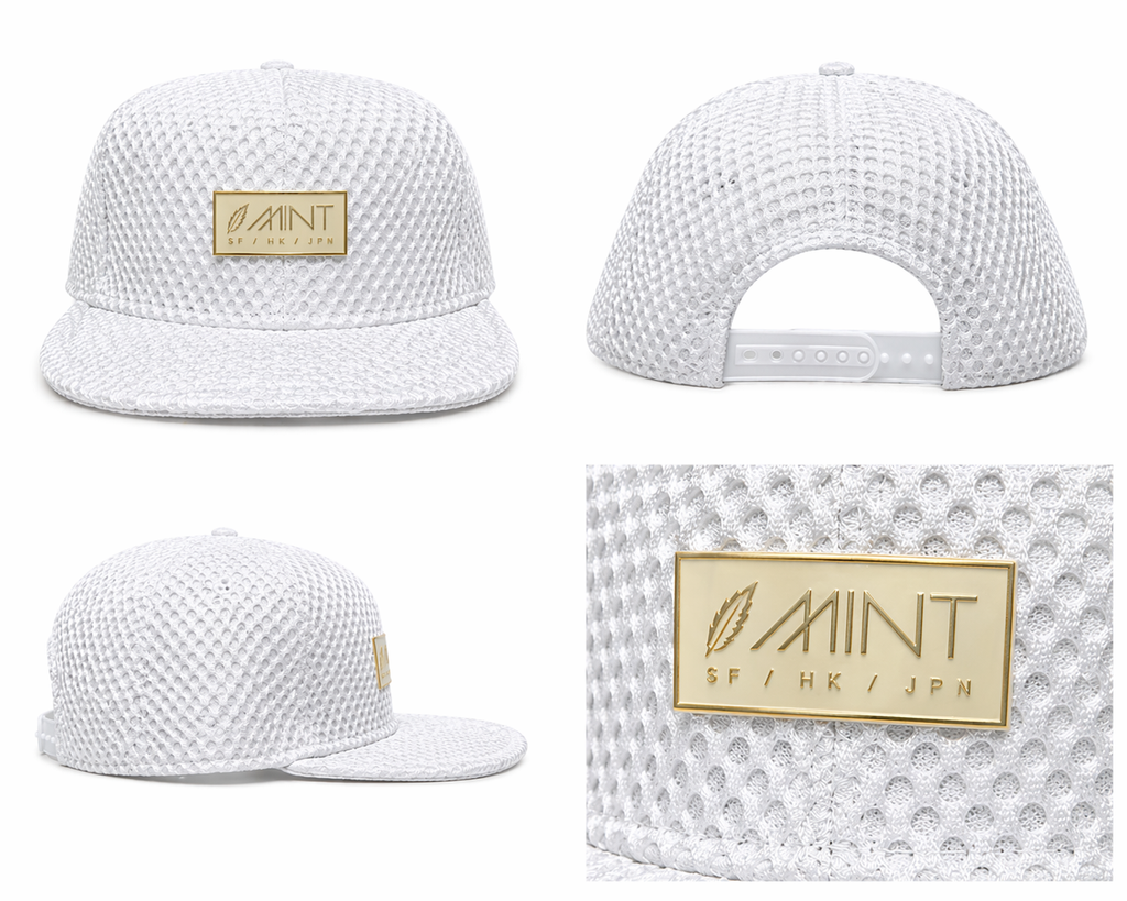 White 6 Panel Snapback Cap Textured Mesh Flat Brim