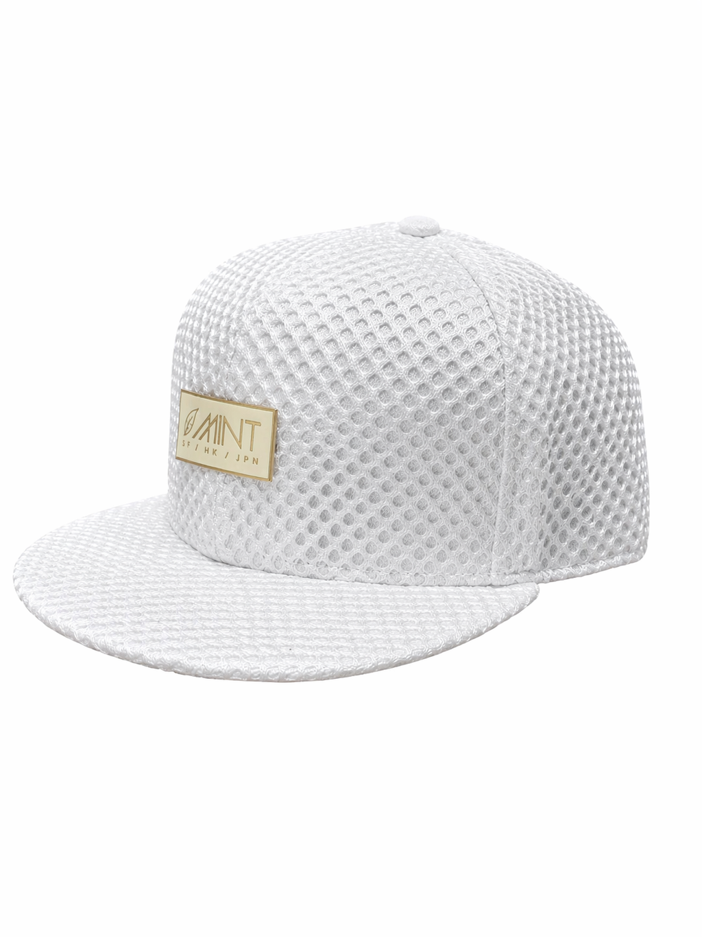 White 6 Panel Snapback Cap Textured Mesh Flat Brim