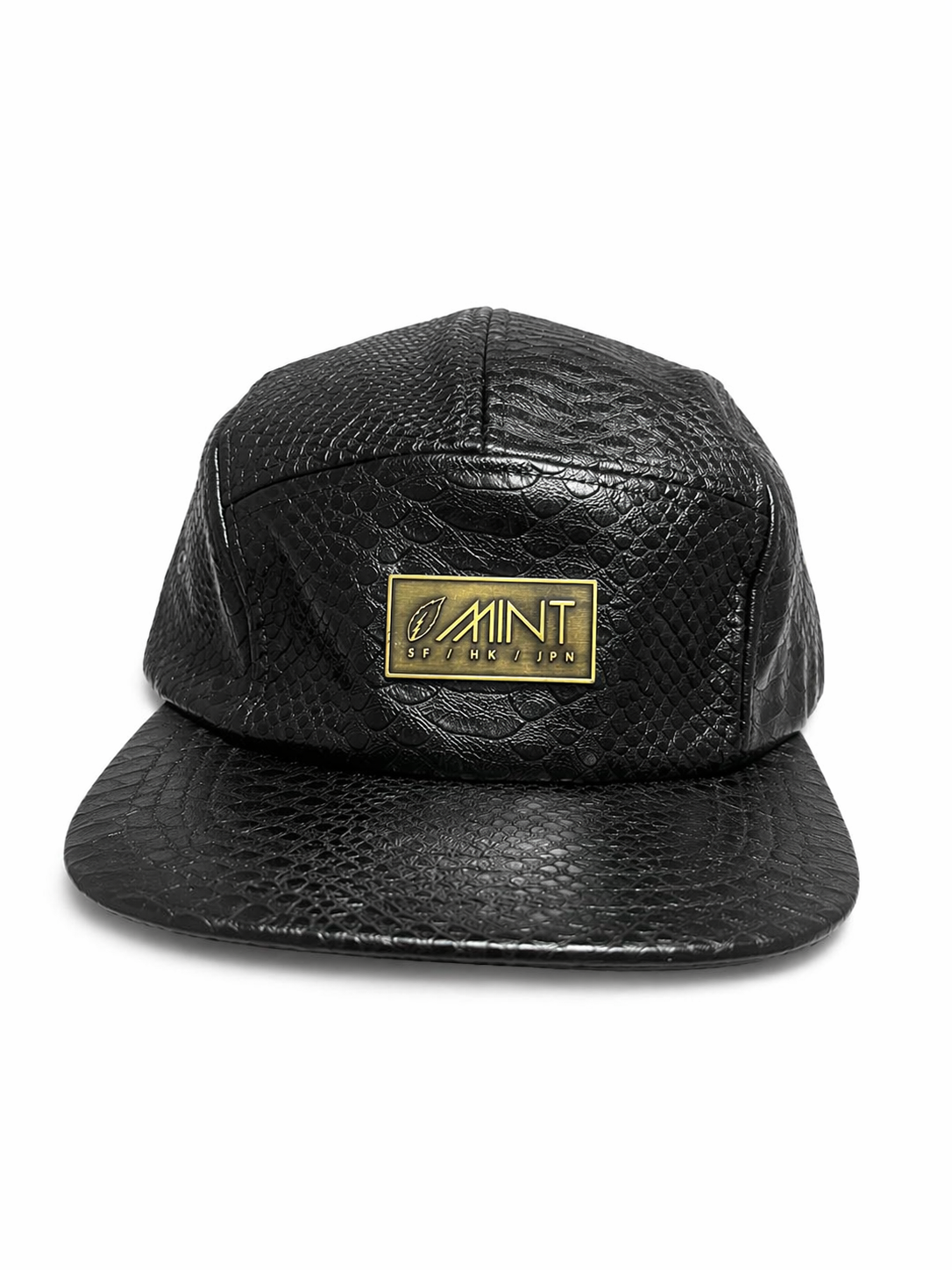 Black Snakeskin Leather 5 Panel Strapback Cap Gold Logo