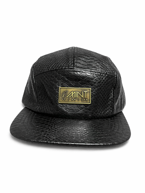 Black Snakeskin Leather 5 Panel Strapback Cap Gold Logo