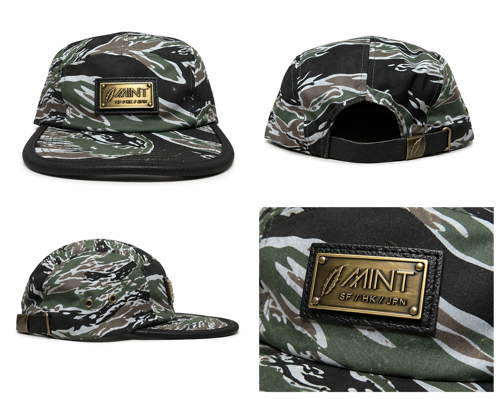Tiger Camo 5 Panel Strapback Hat green/Black Metal Logo Streetwear Cap