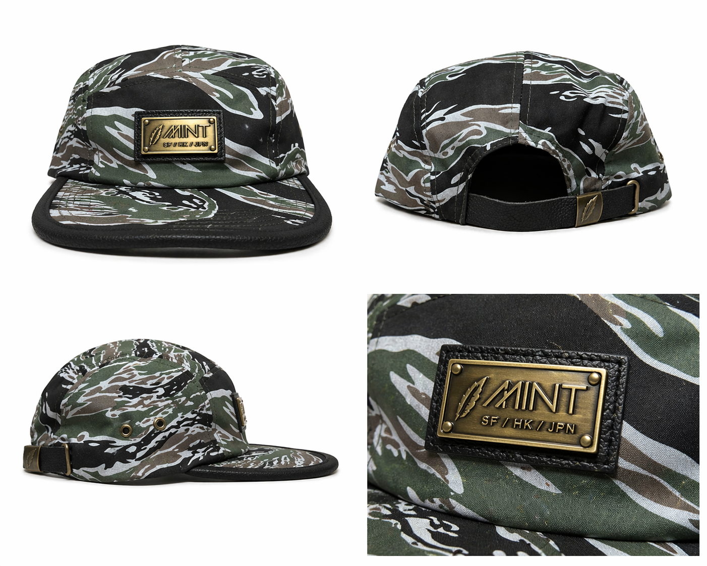 Tiger Camo 5 Panel Strapback Hat green/Black Metal Logo Streetwear Cap