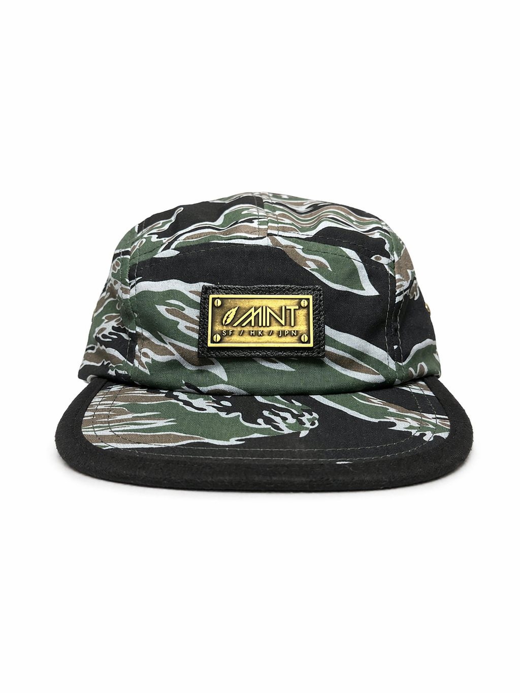 Tiger Camo 5 Panel Strapback Hat green/Black Metal Logo Streetwear Cap