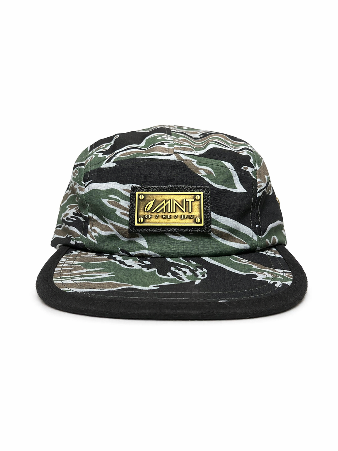 Tiger Camo 5 Panel Strapback Hat green/Black Metal Logo Streetwear Cap
