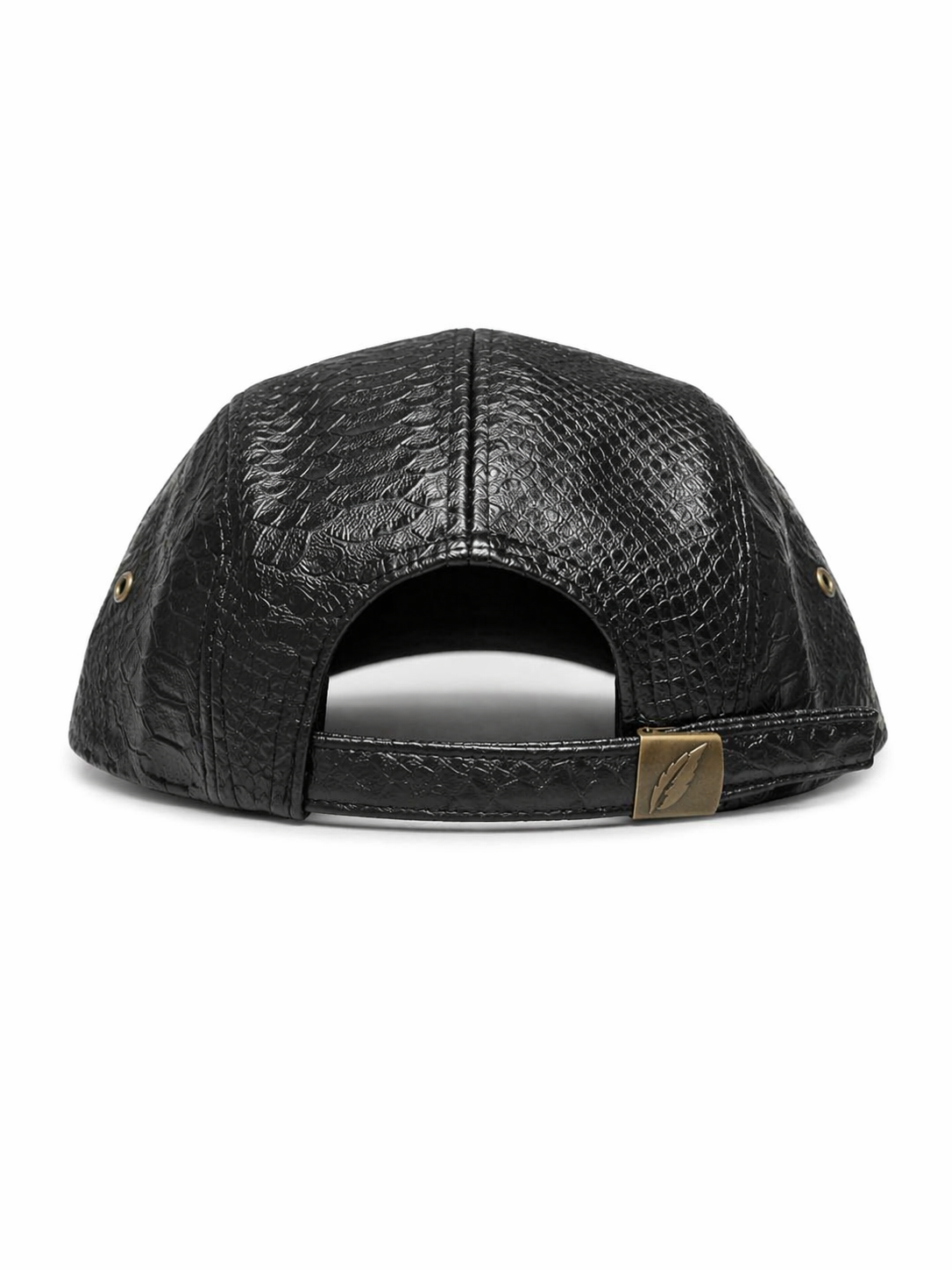 Black Snakeskin Leather 5 Panel Strapback Cap Gold Logo